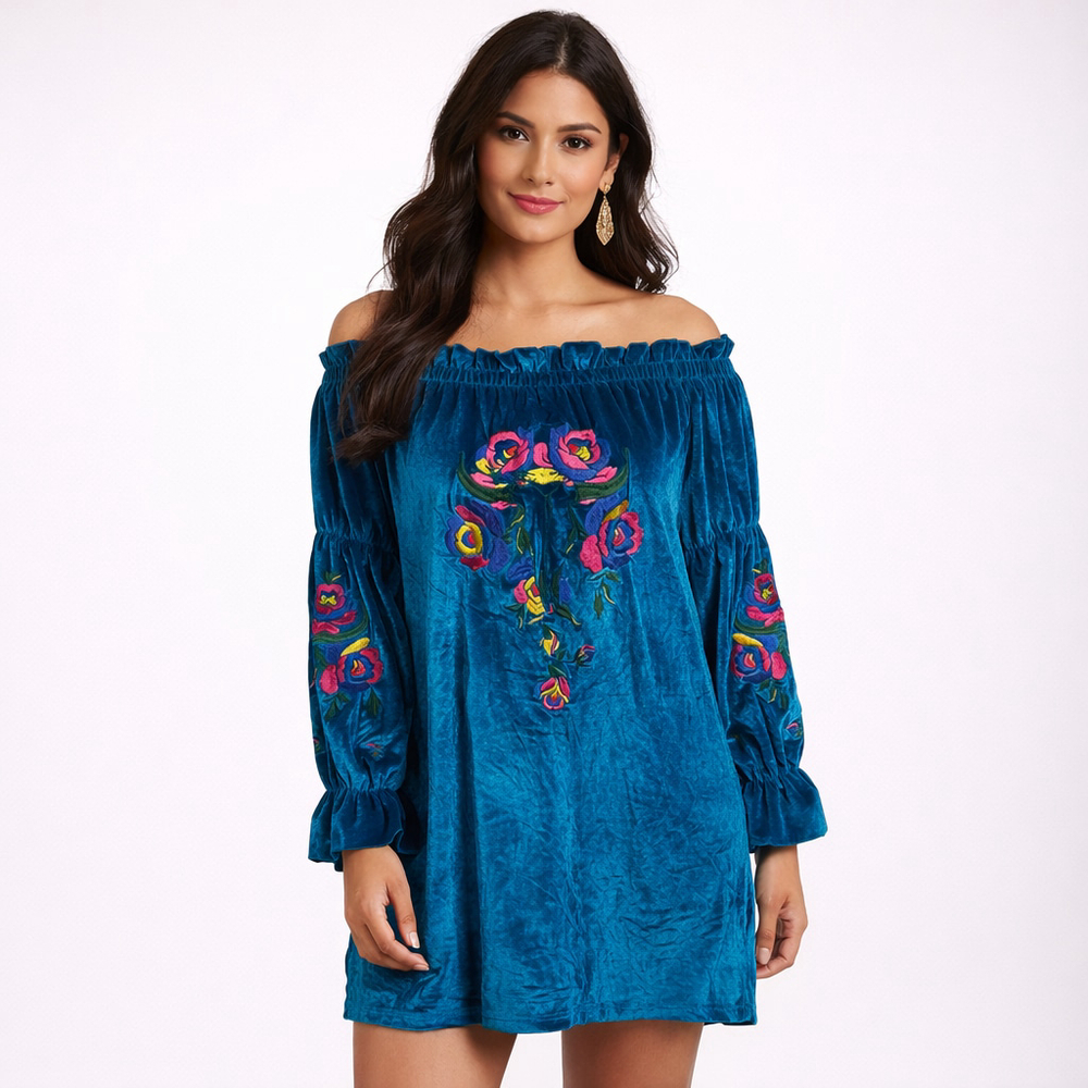 Merigold Kiss Velvet Off ShoulderTunic Dress S Teal Embroidered Boho Festival